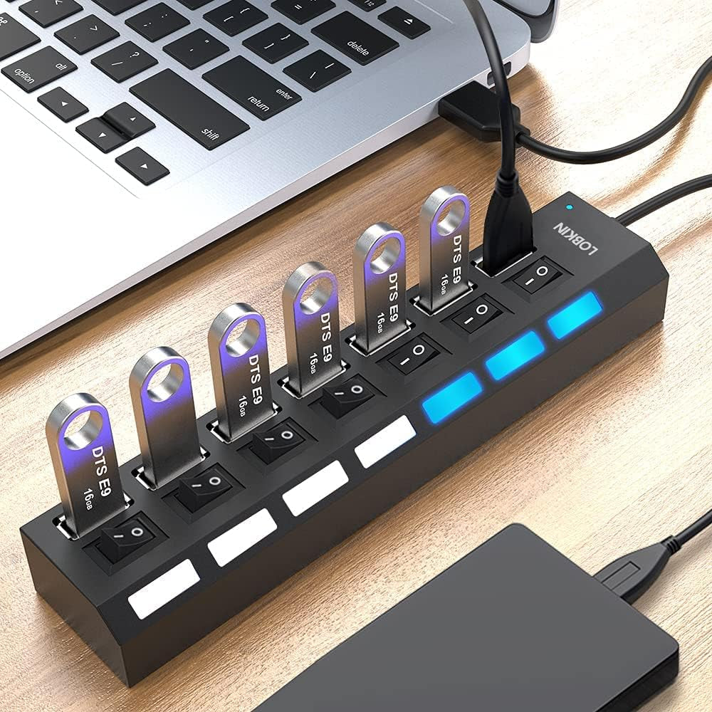 LOBKIN USB Hub 7-Port,Tragbar USB 2.0 Hub Mit Einzelnen Led-Netzschaltern Fur Laptop, PC, Macbook Und Weitere USB Geräte