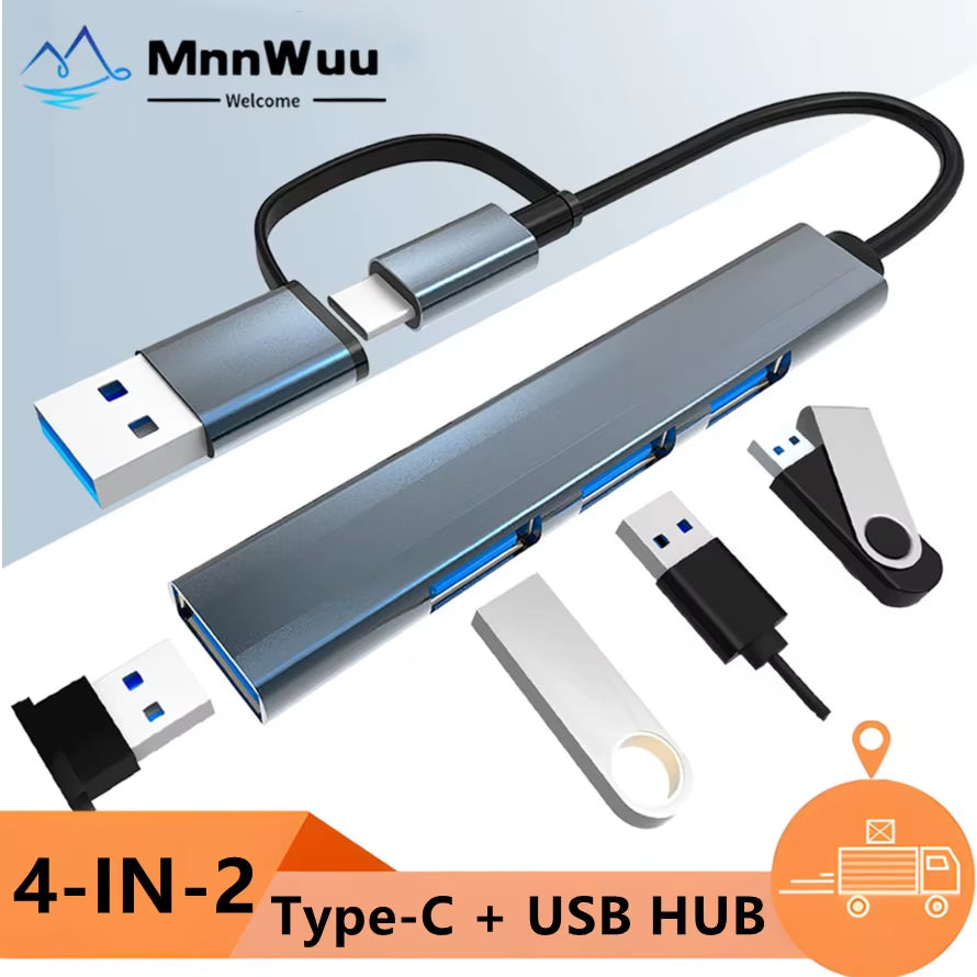 USB HUB USB 3.0 HUB USB-C HUB 4 in 2 Type C & USB HUB Multi Splitter High Speed 5Gbps for PC Computer Multiport USB-A&C HUB Port