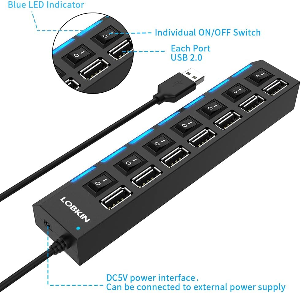 LOBKIN USB Hub 7-Port,Tragbar USB 2.0 Hub Mit Einzelnen Led-Netzschaltern Fur Laptop, PC, Macbook Und Weitere USB Geräte