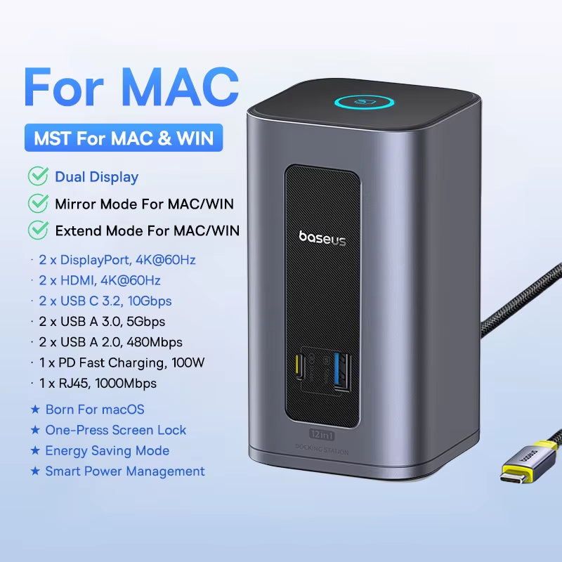 USB C HUB for Mac 12-In-1 Displayport HDMI 4K@60Hz MST Display for Macos Windows Docking Station USB 3.2 RJ45 PD 100W Hub