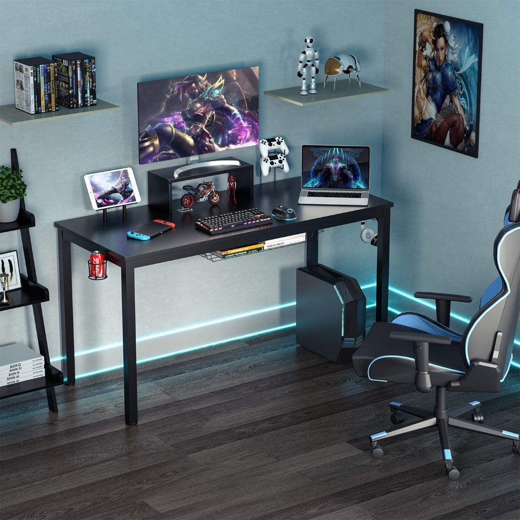 140Cm Schreibtisch Mit Monitorablage Computertisch Gaming Tisch Mit Getränkehalter Kopfhörerhaken Schwarz