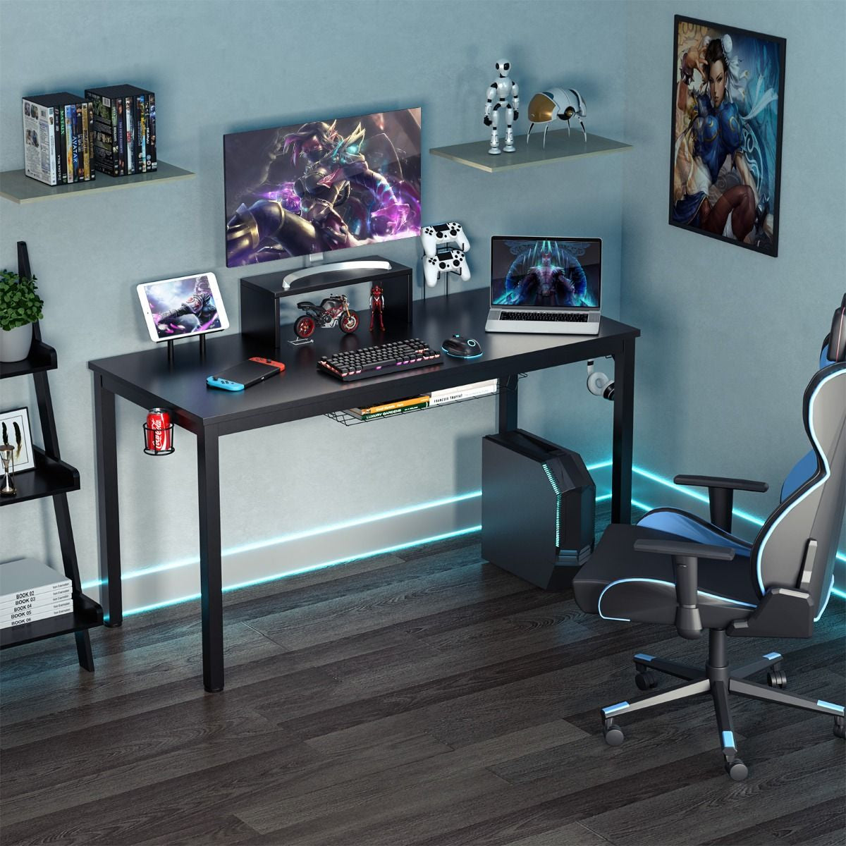 140Cm Schreibtisch Mit Monitorablage Computertisch Gaming Tisch Mit Getränkehalter Kopfhörerhaken Schwarz