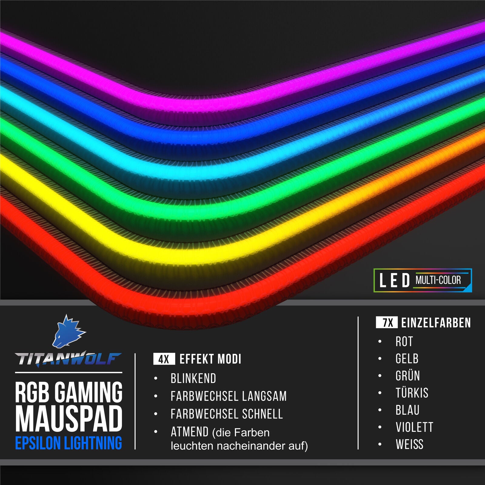 Titanwolf Lightning RGB Gaming Mauspad 800 X 300 X 4Mm Xl-Formal LED Multi Color