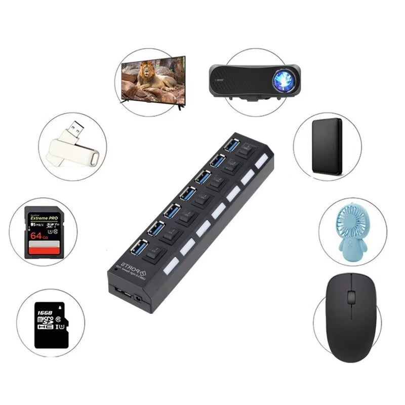 USB 3.0 Hub USB Hub 3.0 Use Power Adapter Multi USB Splitter 7 Port Multiple 3 Hab Expander USB Hub with Switch for PC