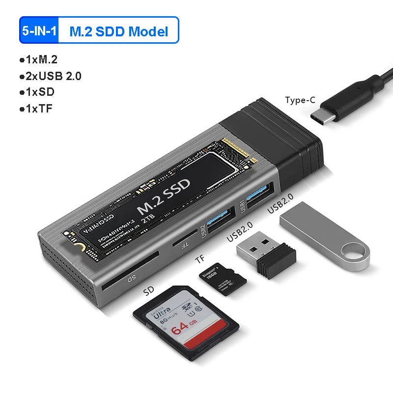 5-In-1 USB C HUB with Disk Storage Function for M.2 Nvme SATA NGFF SSD Type C HUB Dock Station USB C Splitter for Macbook Pro