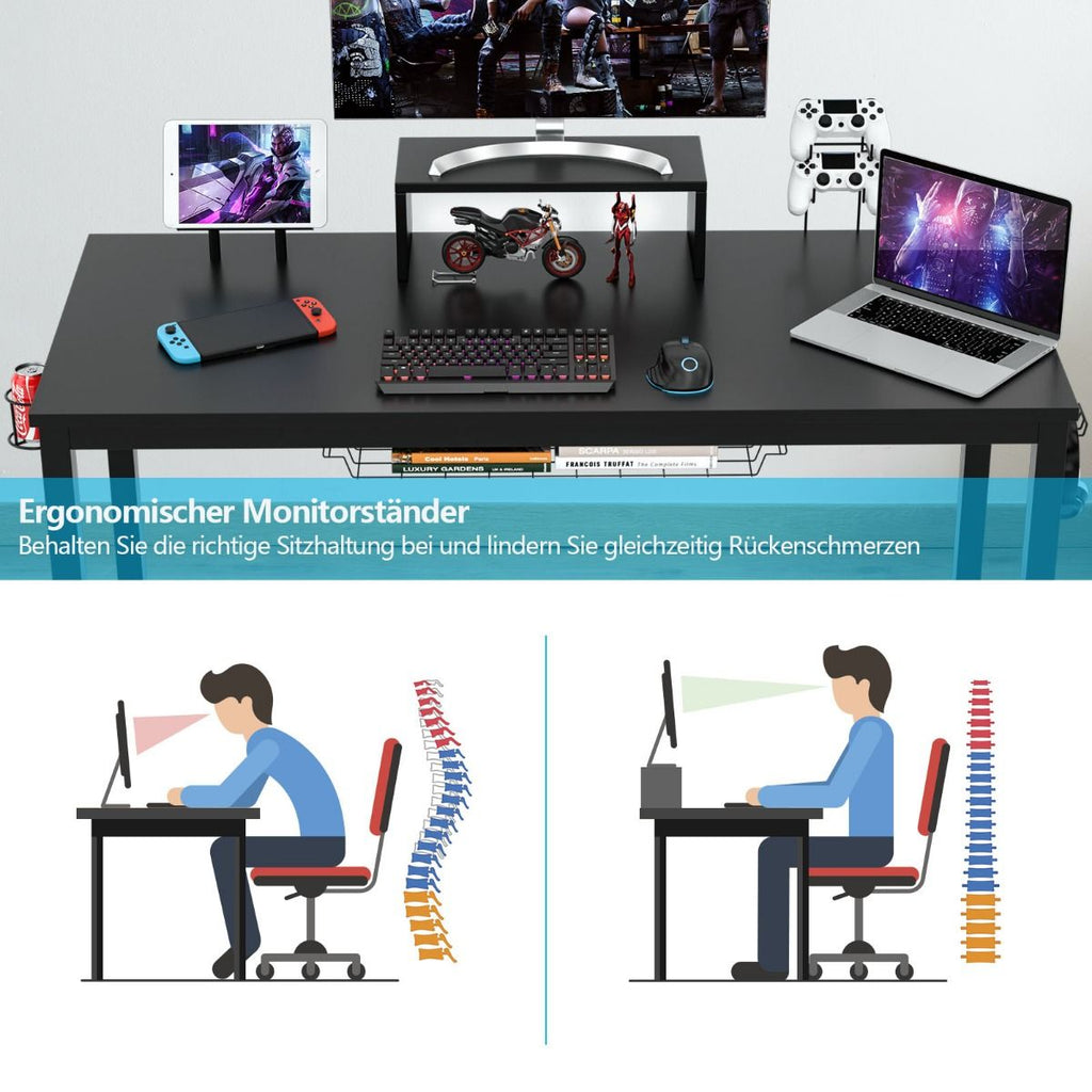 140Cm Schreibtisch Mit Monitorablage Computertisch Gaming Tisch Mit Getränkehalter Kopfhörerhaken Schwarz