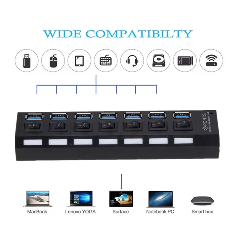 USB 3.0 Hub USB Hub 3.0 Use Power Adapter Multi USB Splitter 7 Port Multiple 3 Hab Expander USB Hub with Switch for PC