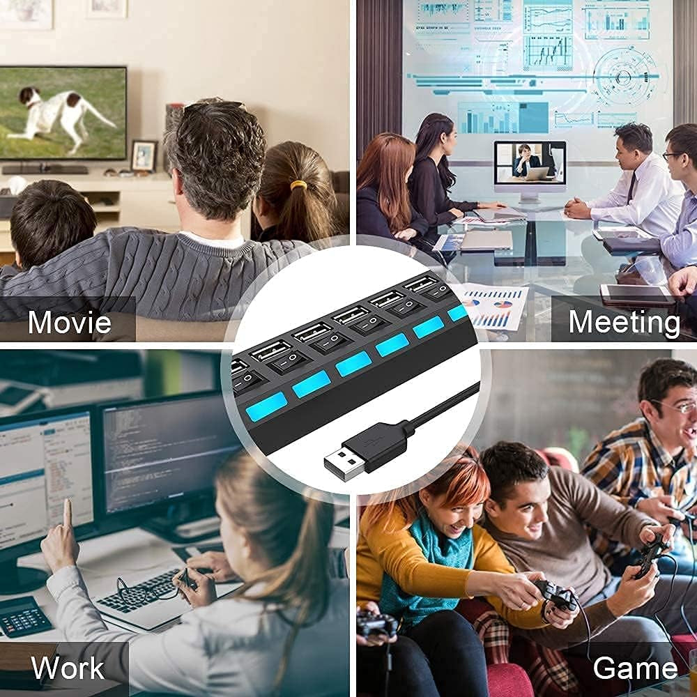 LOBKIN USB Hub 7-Port,Tragbar USB 2.0 Hub Mit Einzelnen Led-Netzschaltern Fur Laptop, PC, Macbook Und Weitere USB Geräte