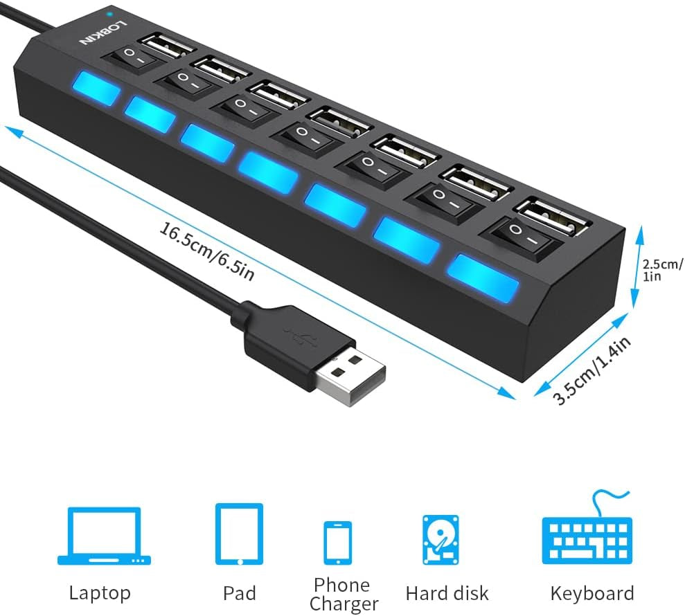 LOBKIN USB Hub 7-Port,Tragbar USB 2.0 Hub Mit Einzelnen Led-Netzschaltern Fur Laptop, PC, Macbook Und Weitere USB Geräte