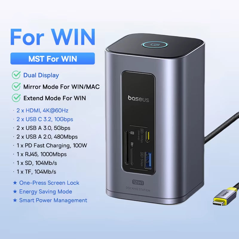 USB C HUB for Mac 12-In-1 Displayport HDMI 4K@60Hz MST Display for Macos Windows Docking Station USB 3.2 RJ45 PD 100W Hub