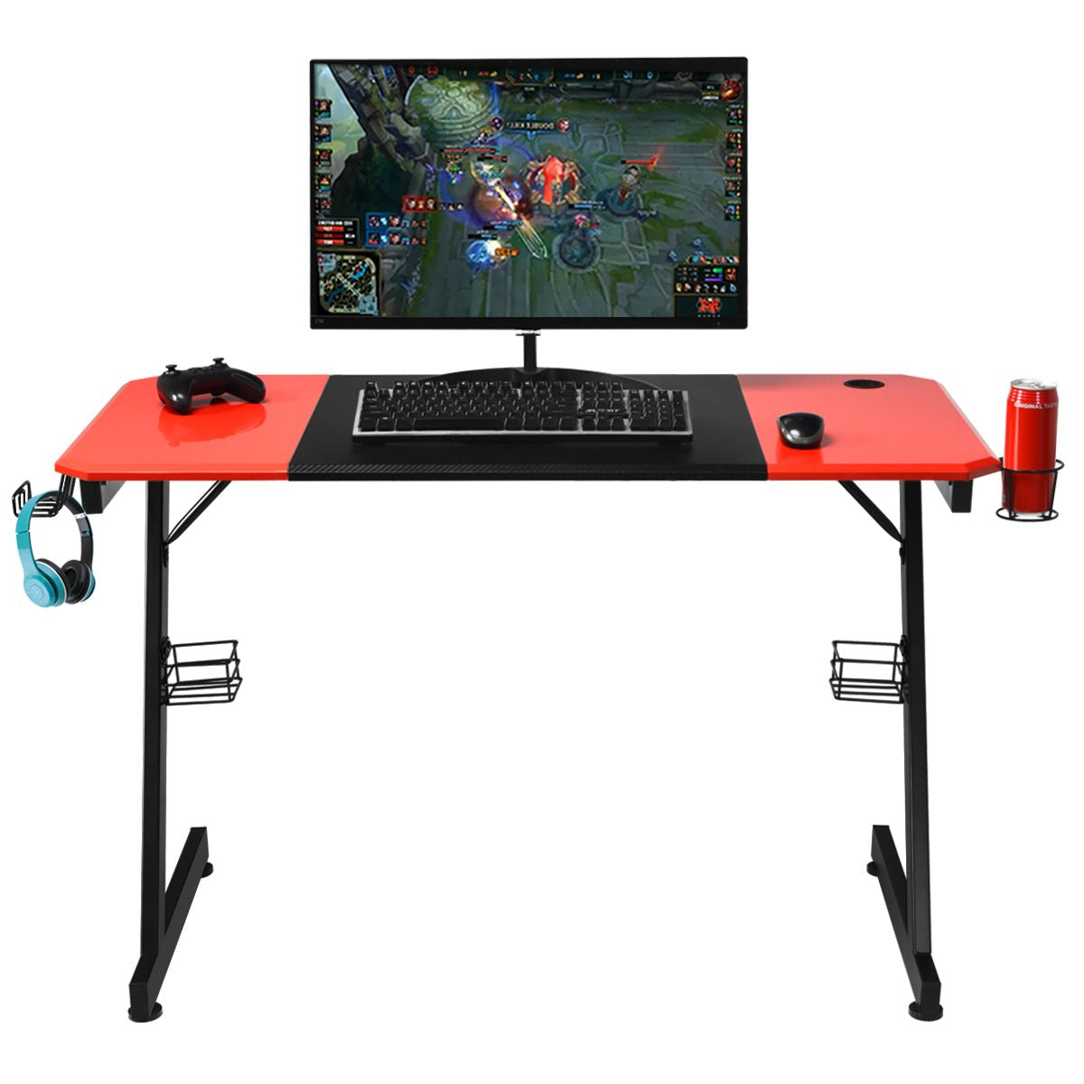 Z-Förmiger Gaming Tisch Computertisch PC Tisch Mit Becherhalter Kopfhörerhaken & Boxenständer Schreibtisch Schwarz/Rot
