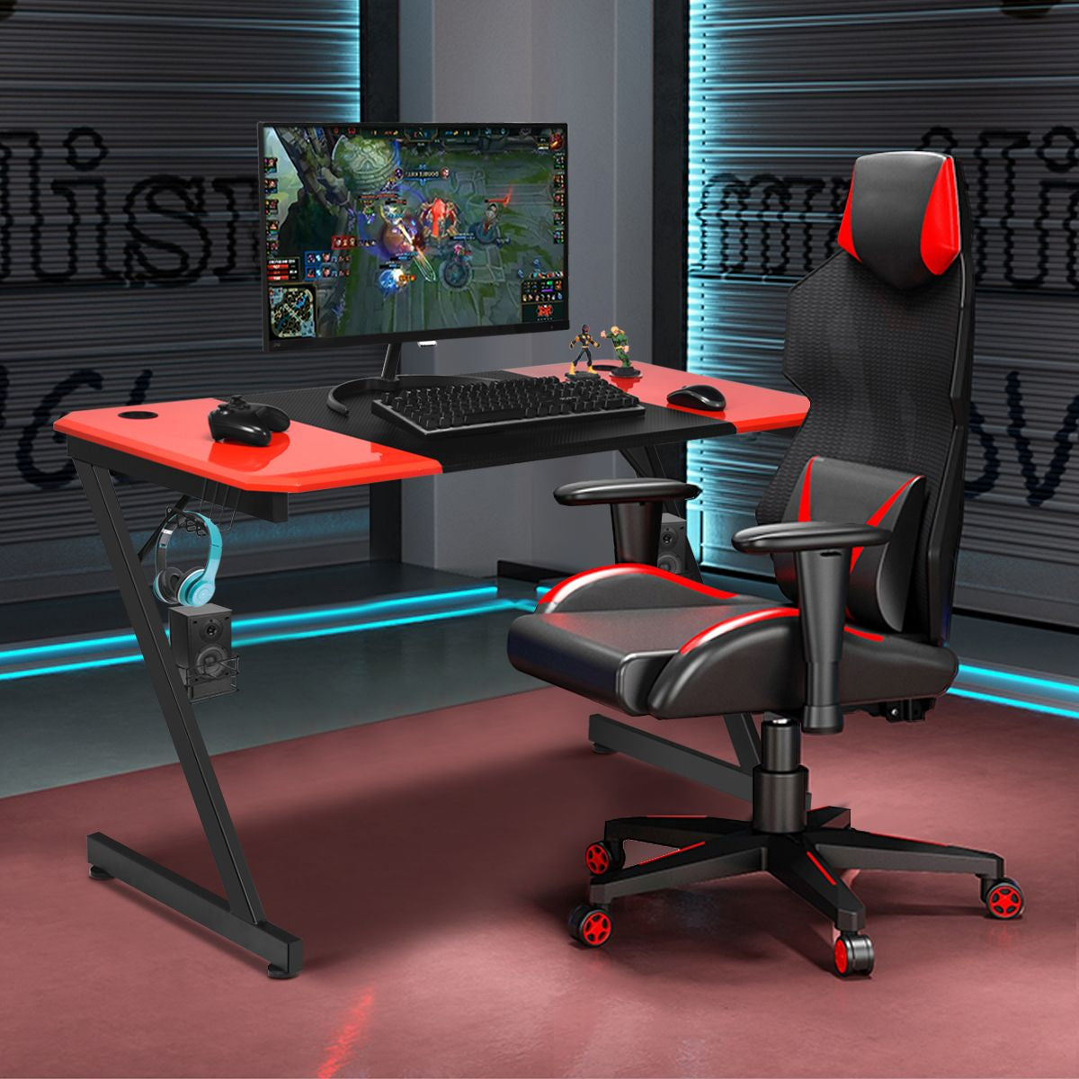 Z-Förmiger Gaming Tisch Computertisch PC Tisch Mit Becherhalter Kopfhörerhaken & Boxenständer Schreibtisch Schwarz/Rot