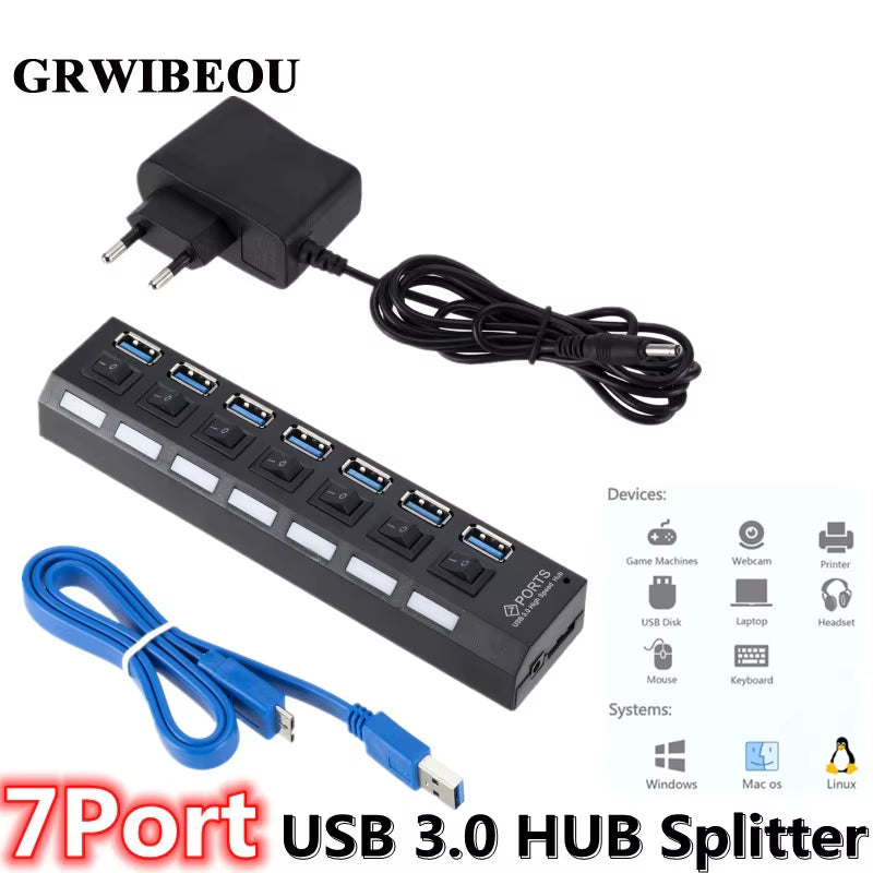 USB 3.0 Hub USB Hub 3.0 Use Power Adapter Multi USB Splitter 7 Port Multiple 3 Hab Expander USB Hub with Switch for PC