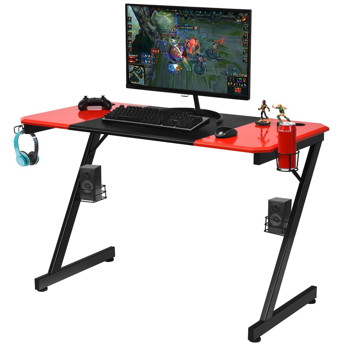 Z-Förmiger Gaming Tisch Computertisch PC Tisch Mit Becherhalter Kopfhörerhaken & Boxenständer Schreibtisch Schwarz/Rot